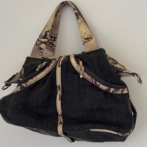 Vintage THEORY denim/canvas genuine snake skin slouchy shoulder bag